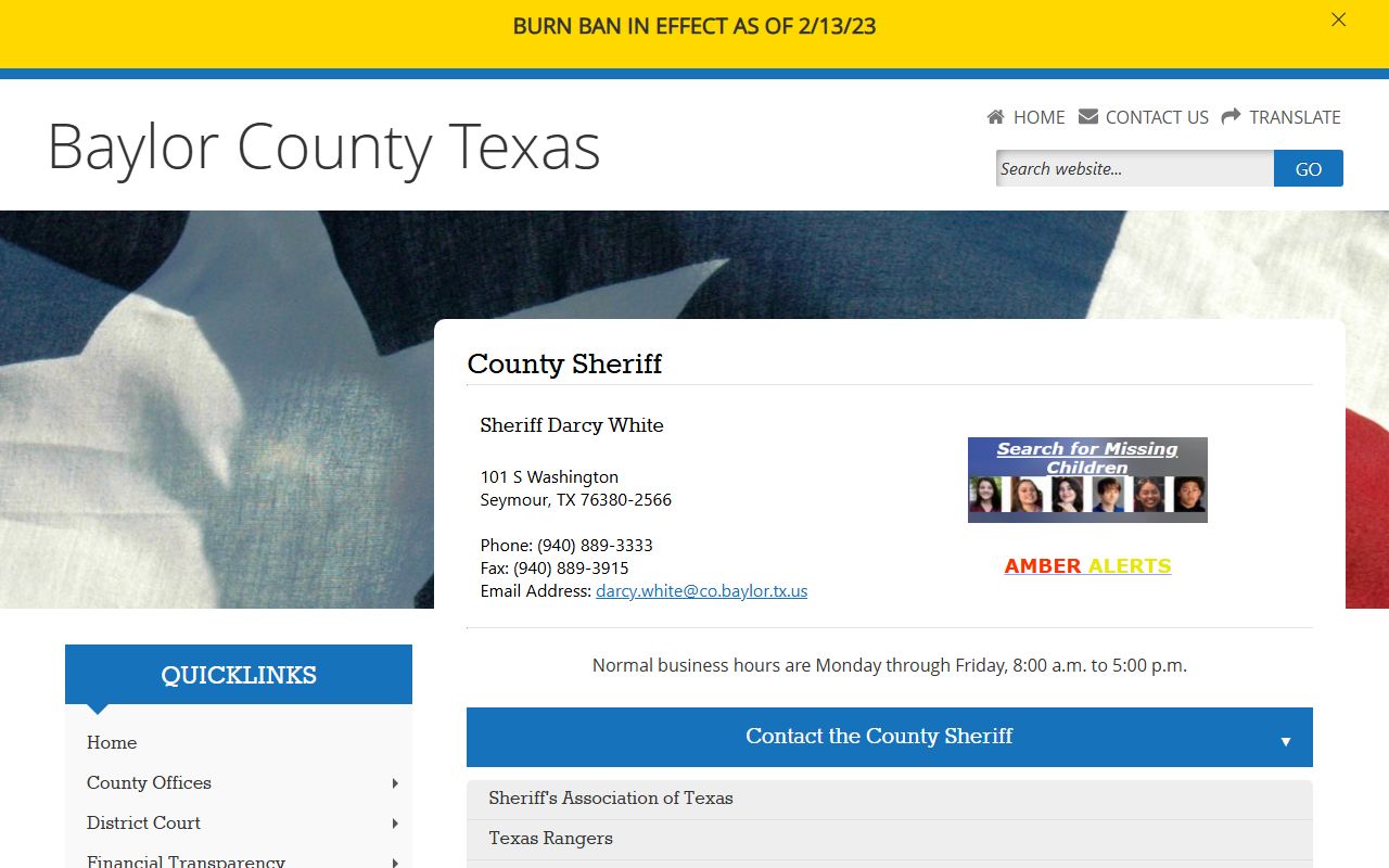 Baylor County Sheriff's Office detention intake records contact page