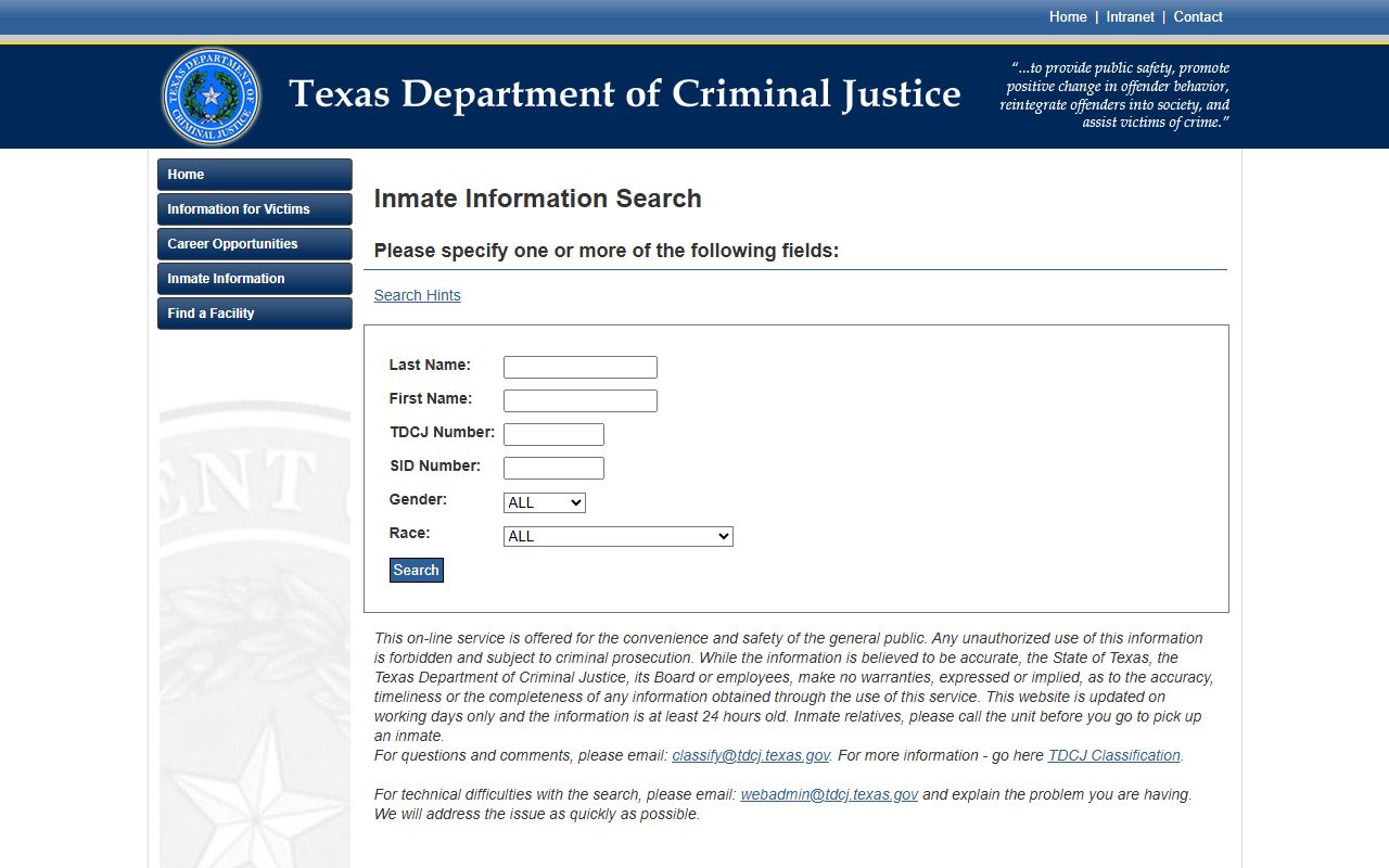 Baylor County inmate lookup TDCJ search fields
